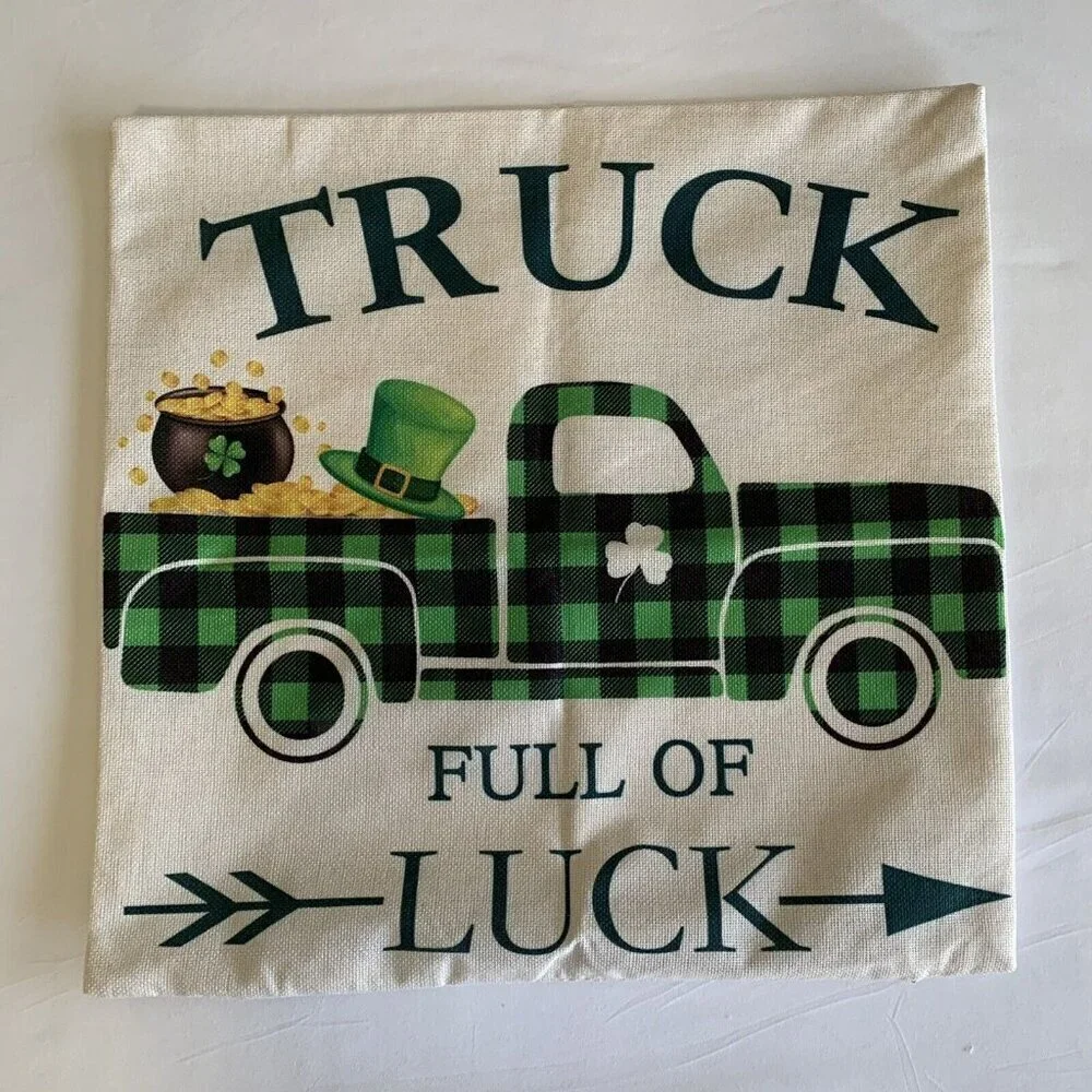 St Patricks Day Green Throw Pillow Cover 17” x 17” Truck Full of Luck Linen